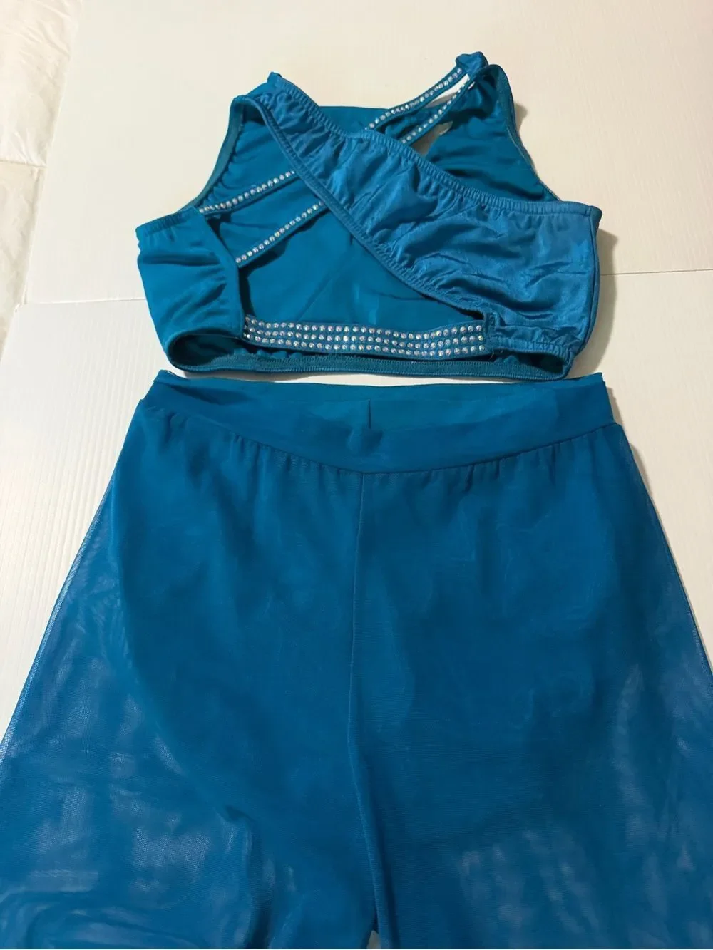 Kelle dance solo costume teal blue 2 piece custom rhinestone MA-Medium adult